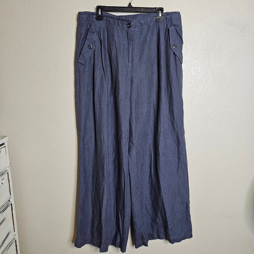 Wrap London 100% Linen‎ Blue Grey Wide Leg Trousers UK 18 EUR 46 US 14